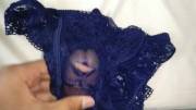 Blue lacy panties round 2 - cut a hole and put my dick through the lace and fabric