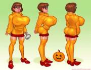 Velma hiding some pumpkins in her sweater