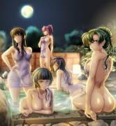 Karla, Athena, Marisa, Mia, and Lyn at the hot springs (Sajittari)