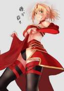 Mordred lifting her skirt to show off her thicc thighs