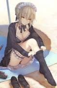 The upskirt view of saber's ass &amp; panty bulge is just plain sexy