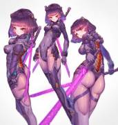 Swordswoman in purple bodysuit