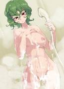 Sexy green haired girl showering.