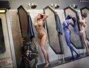 Brigitte, Widow, and Tracer in the showers (Firebox Studio)