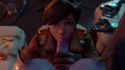 Tracer &amp; a futa Widowmaker "getting ready" for the mission (Strapy)
