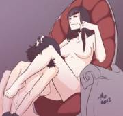 Satsuki with Ryuko kneeling before her throne (mudrowned)[Kill la Kill]