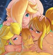 Peach, Rosalina and Samus sharing their king's cock (RandomBoobGuy) [Mario, Metroid]