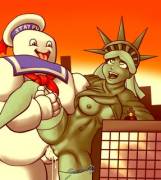 The Stay Puft Marshmallow Man meets the Statue of Liberty (SaittaMicus) [Ghostbusters]