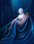 Elsa carrying Anna while they are naked.