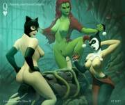 Batman captured by Poison Ivy, Catwoman and Harley Quinn (QueenComplex)