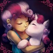 Human Sweetie Belle and Pony Sweetie Belle. [artist: CrookedTrees]
