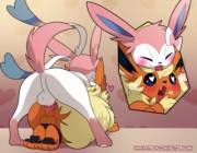 Flareon getting a little tied up by Sylveon [Blitzdrachin]