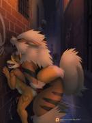 Arcanine pins a Fox in the back alley. [Haychel]