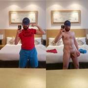 Getting undressed after hitting the gym at the hotel!