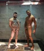 Buddies showering together
