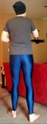 Royal blue Matman wrestling tights from behind.