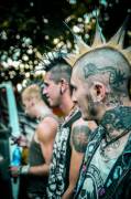 Tattooed punks hanging out outside
