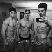Models Austin Scoggin, Chad Reeh and Braeden Wright in the locker room