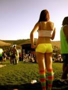 Sexy yellow shorts with knee high rainbow colored socks