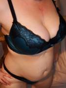 36E cleavage in blue bra