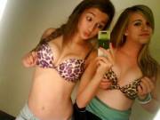 two teens showing off their animal print bras (left or right?)