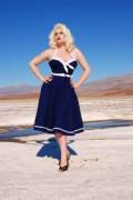 Classic sailor swing skirt with spaghetti straps. belt; bow; beautiful 