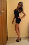 Hot tall brunette in little black dress &amp; heels