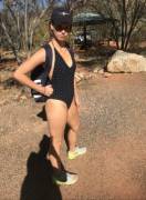 Swimsuit and sneaker combo is cute. But not sure if its the best for hiking.