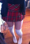 My wife in plaid skirt and knee highs