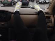 Ducky socks on a rainy day inside the car!