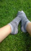 Striped grey ankle socks at the park