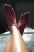 Burgundy ankle socks on Asian feet. PM me if interested. 