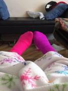 Mismatched hot pink and purple socks after 4 days of almost constant wear and LOTS of walking. So sweaty :)