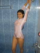 Arpitha Aunty, tight wet clingy white long sleeves in the shower