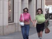 Nadine Jansen and Milena Velba running while braless