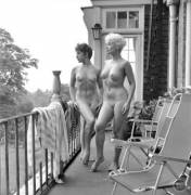 Jean Spaul (Sporle) and Pamela Green taken by Harrison Marks on the balcony of the apartment he owned with Pam down in Hampstead, England and from the original negative via Kamera Klub. The original cropped version of Pam and Jean together on this balcony