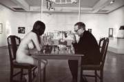 Eve Babitz and Marcel Duchamp playing chess at the Pasadena Art Museum, October 18, 1963. Photo by Julian Wasser.
