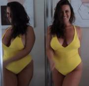 braless yellow swimsuit in the mirror