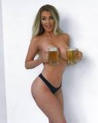 Emily Sears with a beer bra