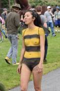 Super cute bodypainted Asian girl naked in public