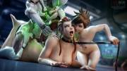 Brigitte getting railed by Genji, while being choked by Tracer (Firebox Studio)