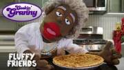 Cheesy race play depiction of an ebony grandma who's as stuffed as her yummy pie!