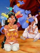 Genie granting Jasmine's wish while keeping Aladin entertained [Aladin]