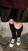 Latex skirt, socks and chucks