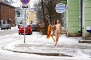 Naked on a snowy street