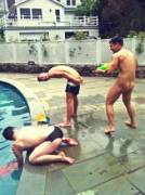 Bros getting a little wild by the poolside