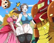 Princess Peach pantsing Wii Fit Trainer in a game of Smash