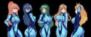 Samus, Zelda, Lucina, Palutena, and Peach in zero suits