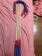 Made my first toys! The canes are just wooden dowels of different thickness screwed into a cpvc handle that’s been wrapped in paracord. The floggers are cpvc handles with (relatively) uniform falls cut from matching paracord. My set (red and blue) has the