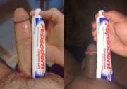 Two dicks compared with tubes of toothpaste for scale. His BWC makes me look travel-sized.